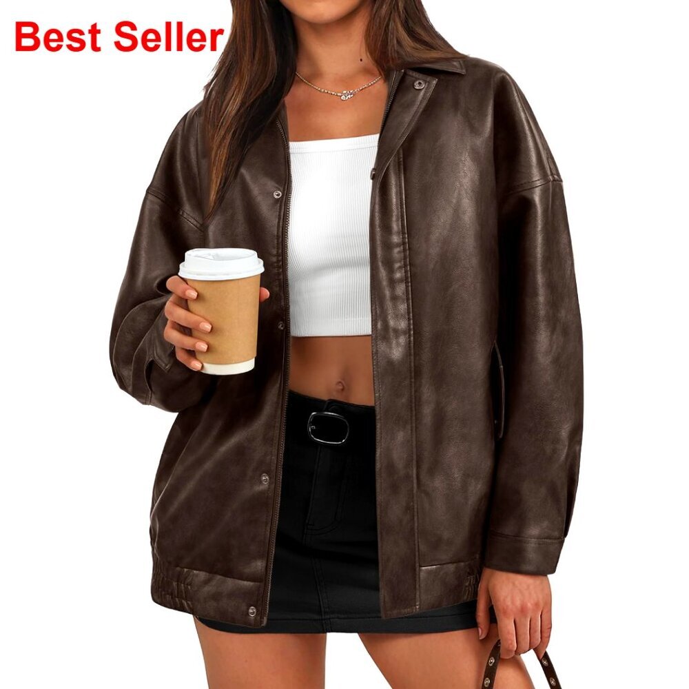 Oversized Faux Leather Bomber Jacket with Moto Style Details
